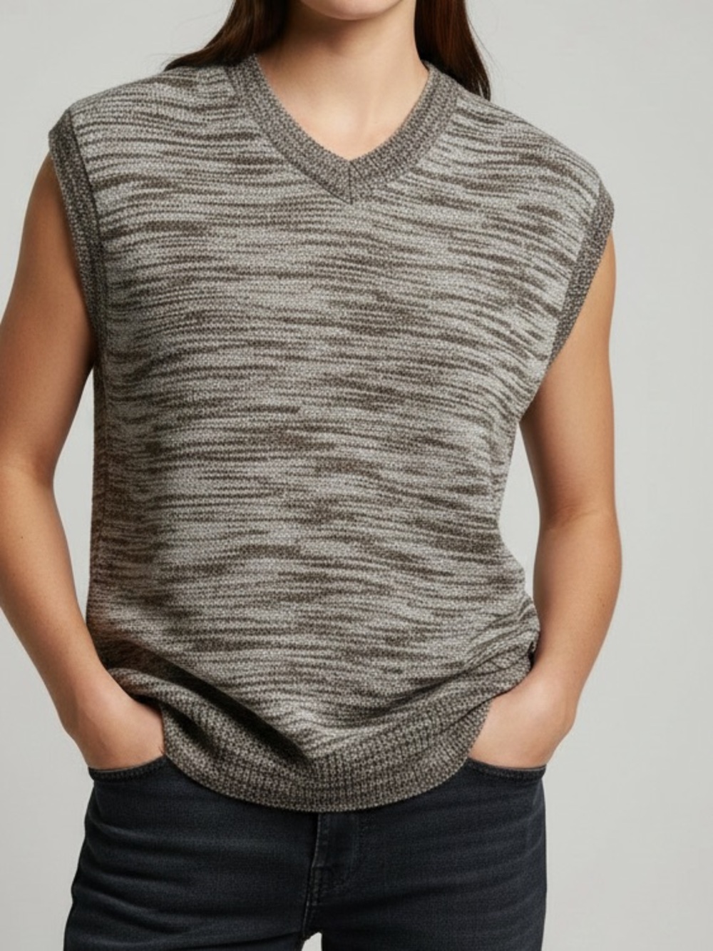 Zara Marled Knit V-Neck Vest in Black and Cream